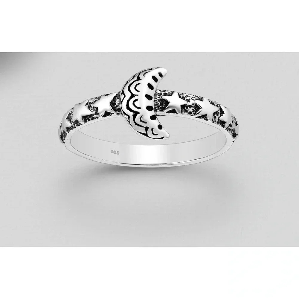 925 Sterling Silver Oxidized Moon and Star Ring - Picture 4 of 9